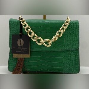 House of Harlow 1960 Green Croc-Embossed Shoulder Bag with Gold Chain